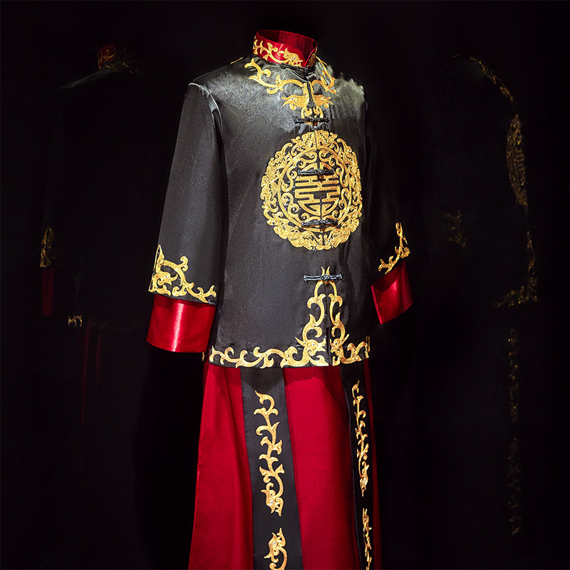 秀禾服新郎2020新款黑色男结婚礼服 花作衣民族服装