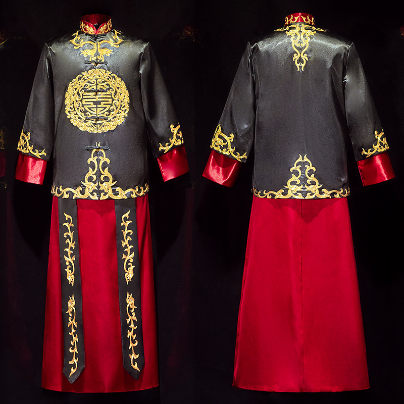 秀禾服新郎2020新款黑色男结婚礼服 花作衣民族服装