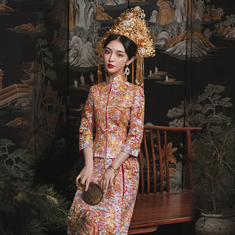 秀禾服2020新款大五福盘金满绣婚纱 花作衣旗袍