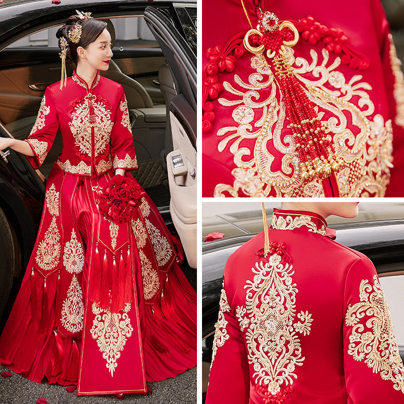 秀禾服2020新款结婚中式新娘服婚纱 花作衣旗袍