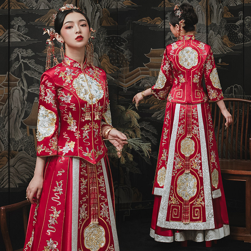 秀禾服2020新款中式新娘古装秀婚纱 花作衣旗袍