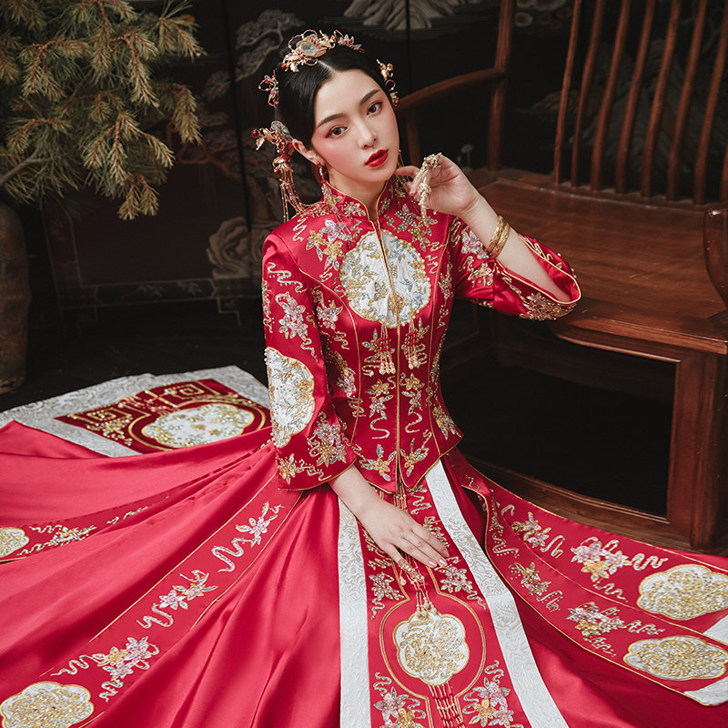 秀禾服2020新款中式新娘古装秀婚纱 花作衣旗袍