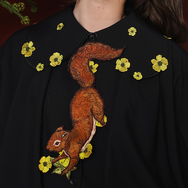 Kamo original retro embroidered knot-free tie squirrel and flower accessories flower fairy niche bow tie gift