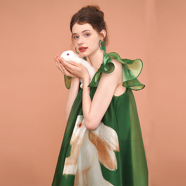 Kamo original rabbit pattern flying sleeve dress