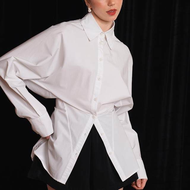 Kamo high-end waist-cinching shirt with draped design, fashionable commuting niche tops, designer slimming women's clothing for winter