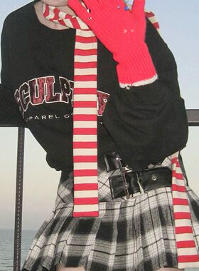 春秋薄款原宿风男女条纹细围巾