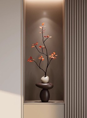 石来运转入户玄关壁龛摆件柿柿如意真绿植花瓶客厅电视柜装饰品