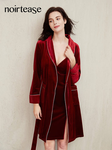 NoirTease性感系带睡袍女士薄款丝绒浴袍睡衣女家居服中长款春秋 - 图1