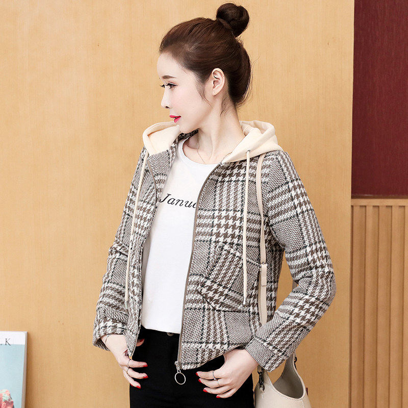 格子毛呢小个子短款秋冬百搭夹克 康媚毛呢外套