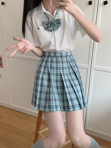 次日夏 格裙心脏地震原创jk制服套装校供女春夏学院风绿色半身裙 - 图1
