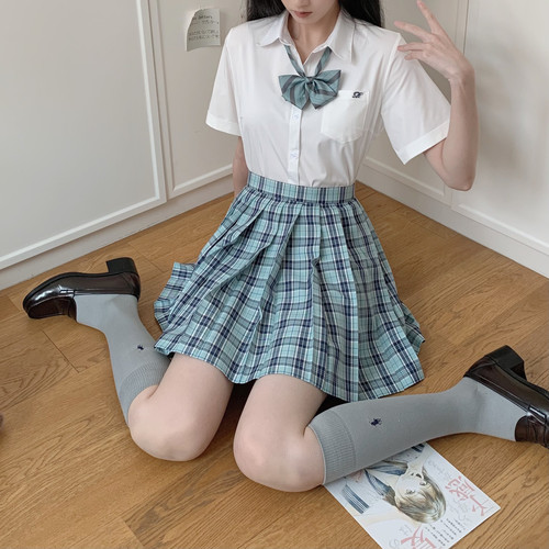 次日夏 格裙心脏地震原创jk制服套装校供女春夏学院风绿色半身裙 - 图0