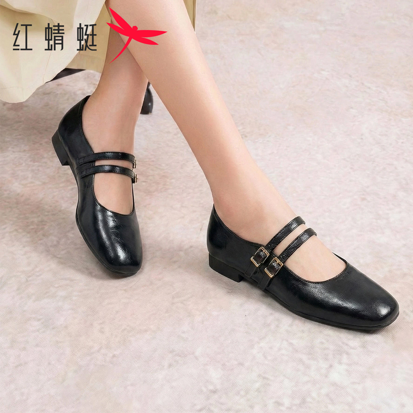 红蜻蜓女鞋2026春季新款双扣带玛丽珍鞋女法式百搭平底方头小皮鞋,淘宝优惠券,粉丝福利购,淘宝优惠卷