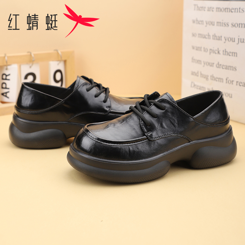 红蜻蜓女鞋春季厚底增高乐福鞋女士百搭休闲小皮鞋配裙子系带单鞋