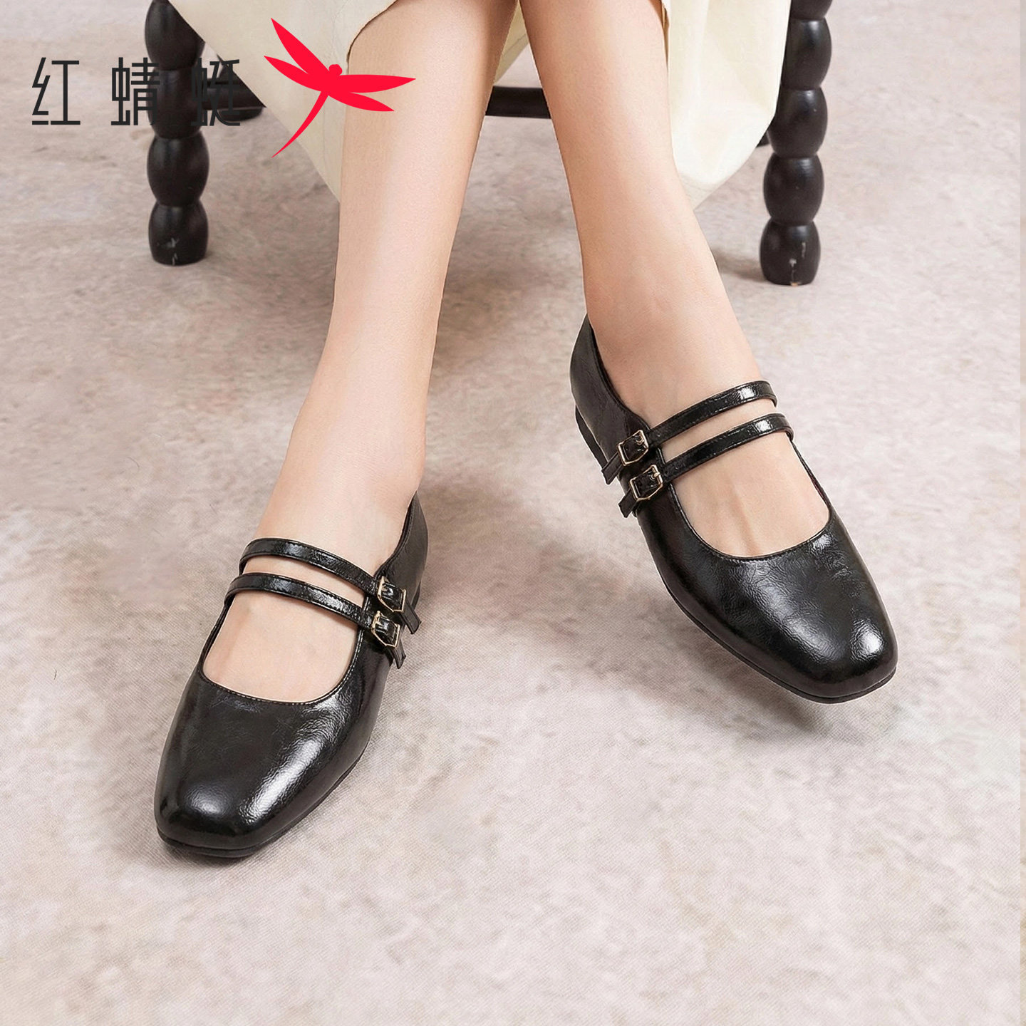 红蜻蜓女鞋2026春季新款双扣带玛丽珍鞋女法式百搭平底方头小皮鞋,淘宝优惠券,粉丝福利购,淘宝优惠卷