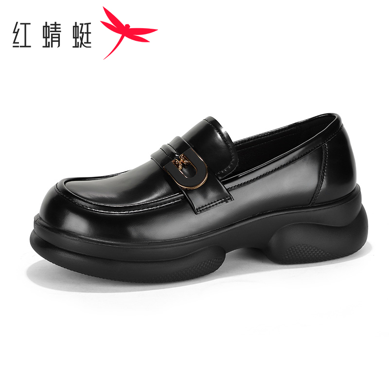 红蜻蜓女鞋春季复古英伦乐福鞋女士百搭厚底增高配裙子休闲小皮鞋