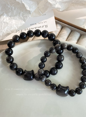 黑曜石手链女银曜石猫咪送女友朋友情人节礼物夏情侣手串闺蜜手饰