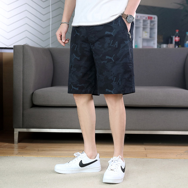 Printing black pure cotton shorts men's tide brand pants and trendy summer casual zipper pocket pocket loose pants pants