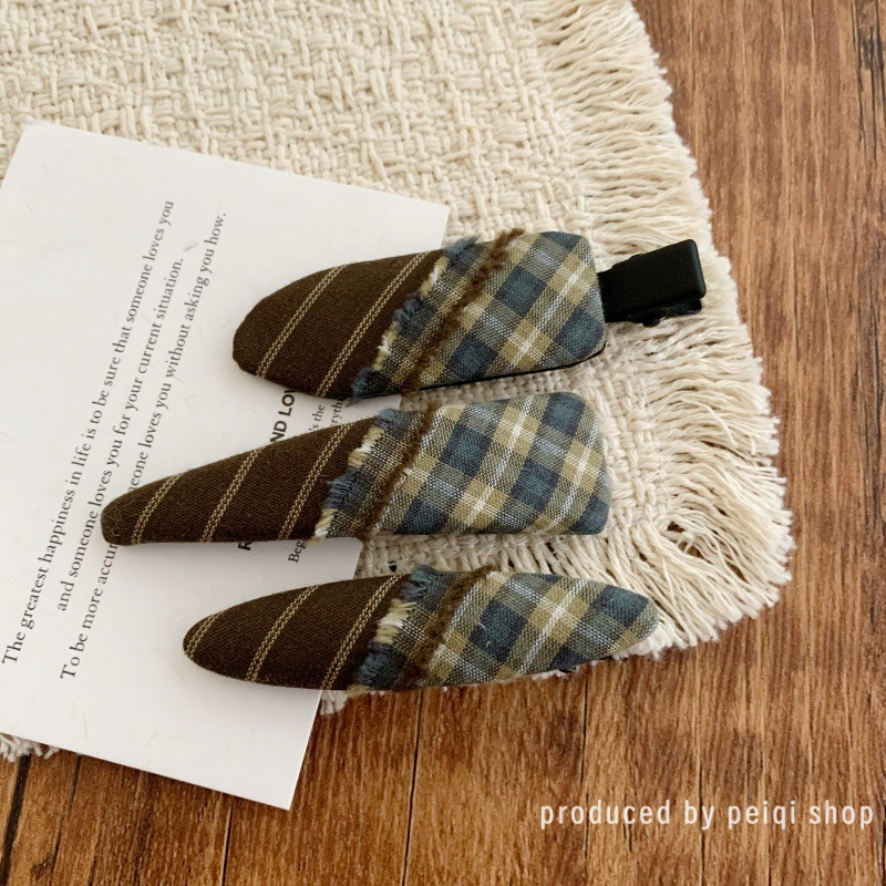 韩国东大门欧尼同款边夹棕色拼布格纹流苏BB夹刘海夹鸭嘴夹发夹 - 图0