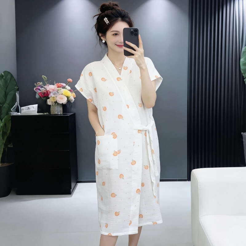 纯棉纱布女士睡袍夏季薄款系绳居家睡裙轻薄透气可穿浴巾速干浴裙