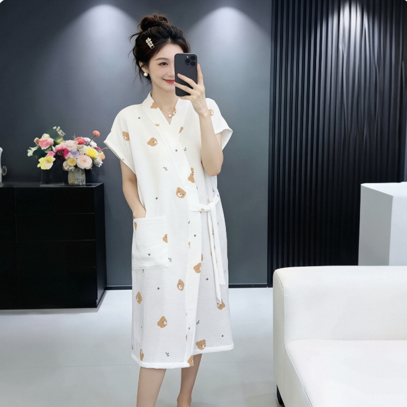 纯棉纱布女士睡袍夏季薄款系绳居家睡裙轻薄透气可穿浴巾速干浴裙