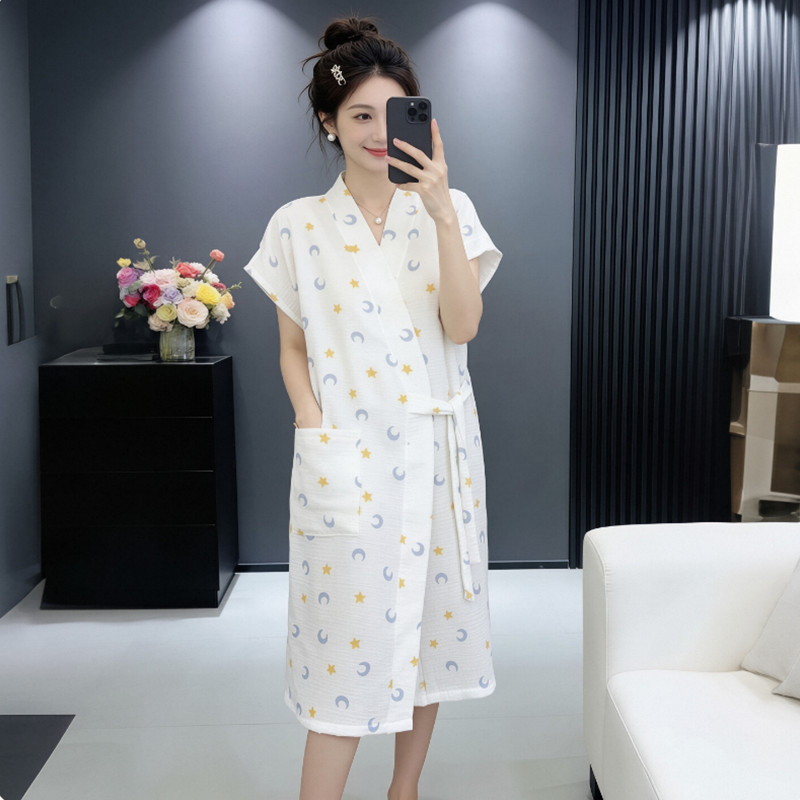 纯棉纱布女士睡袍夏季薄款系绳居家睡裙轻薄透气可穿浴巾速干浴裙