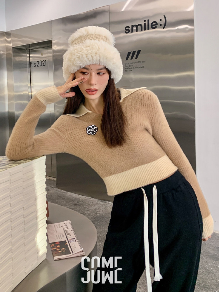 somesowe白鹿同款拼色polo领短上衣 playlounge毛针织衫