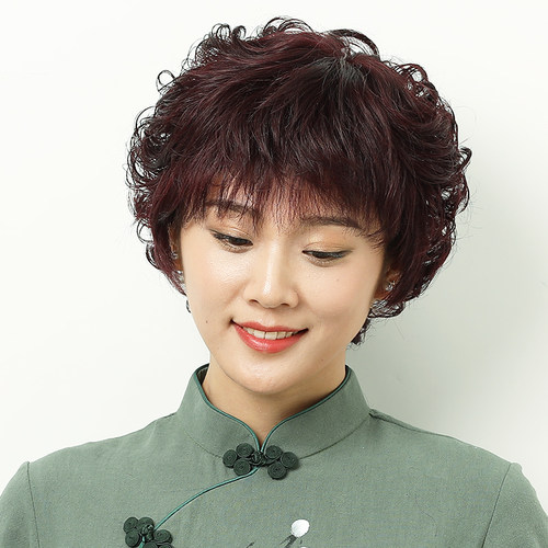 真发假发女短发妈妈短卷发发型真人发丝自然中老年全头套式假头发 - 图0