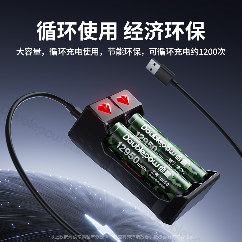 倍量18650锂电池大容量3.7v强光手电筒头灯小风扇电池充电器4.2v