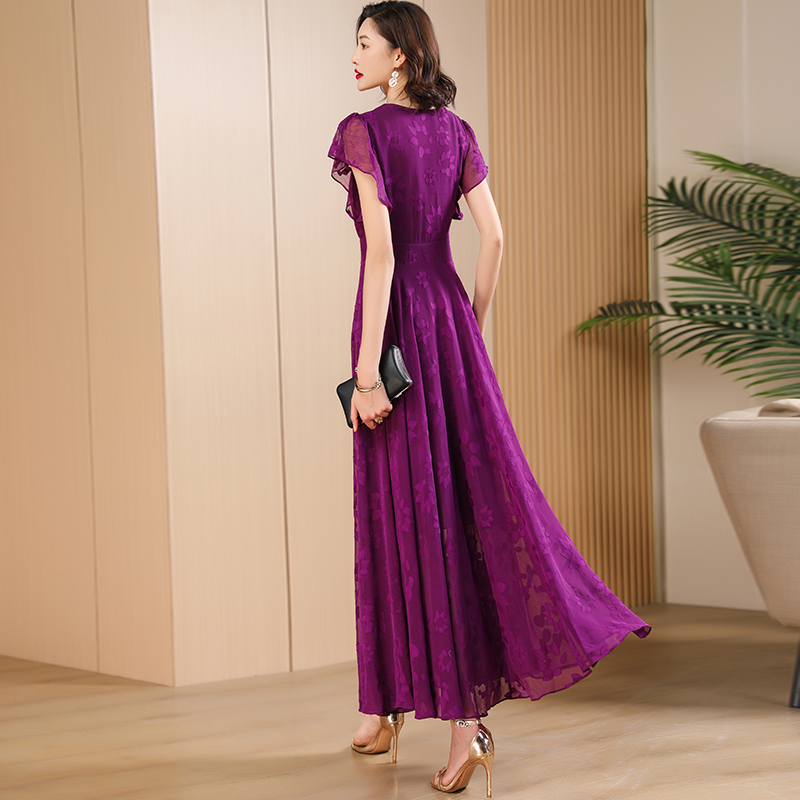 紫色高级感提花连衣裙女2024夏新款气质优雅显瘦蕾丝雪纺大摆长裙