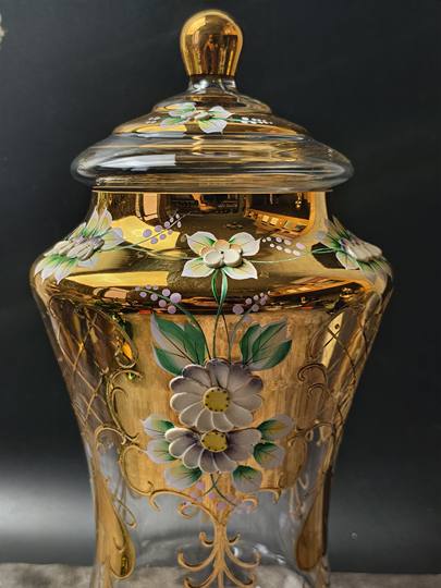 波西米亚穆拉诺真金描绘水晶玻璃中古罐收藏摆设糖果罐首饰收纳罐