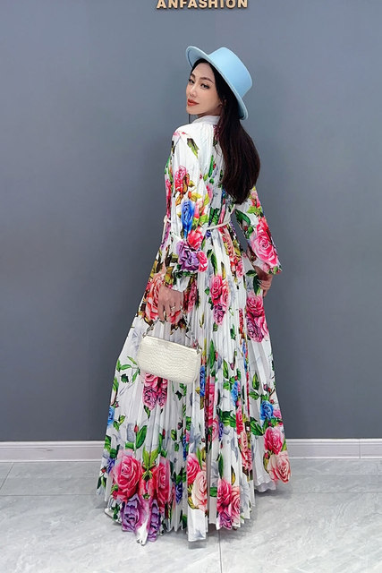 2026 Spring New Pleated Dress Printed Swing Long Skirt gorgeous Elegant Lady Fashion Casual Plus Size Women