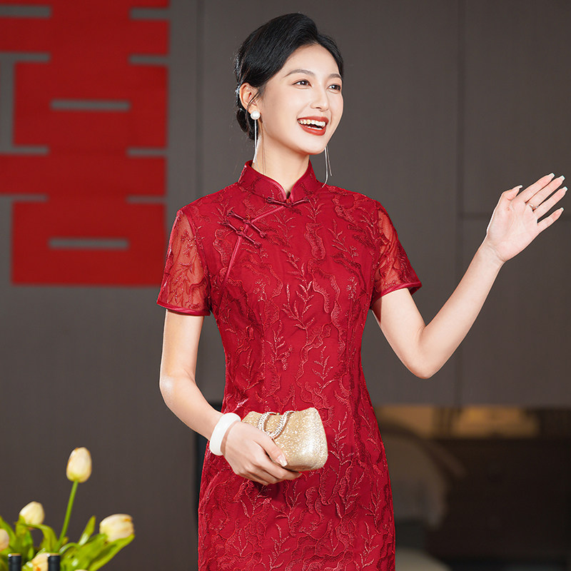 旗袍夏季新款女蕾丝中长款喜婆婆婚宴妈妈装礼服喜服平时可穿改良 - 图2