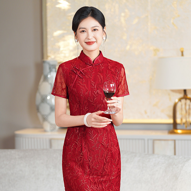 旗袍夏季新款女蕾丝中长款喜婆婆婚宴妈妈装礼服喜服平时可穿改良 - 图0