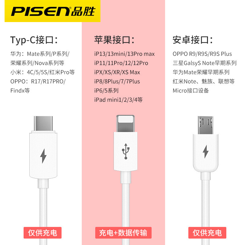 品胜三合一充电器套装插头数据线快充多头usb多功能数据充电线三合一接口一拖三适用于苹果12安卓手机