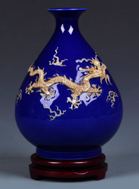 仿古雕刻龙凤内府霁蓝釉花瓶中式工艺品收藏摆设客厅公司礼品