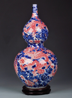 大号景德镇仿古青花釉里红陶瓷器手绘葫芦花瓶中式古典装饰工艺品