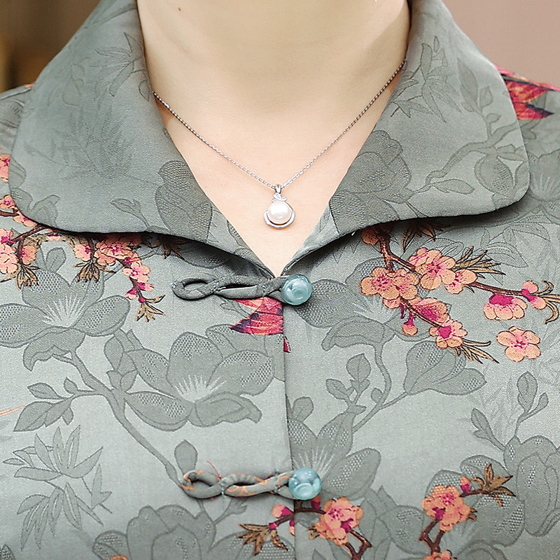 胖妈妈夏装加肥加大码真丝绸缎衬衫中老年人女装奶奶老太太春秋装