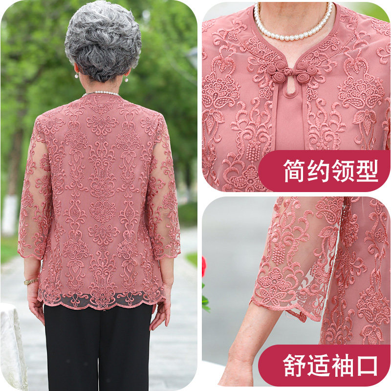 奶奶夏装女假两件套T恤喜婆婆婚宴装中老年人套装大码胖妈妈礼服