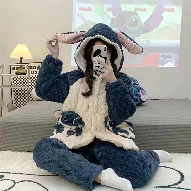 秋冬季睡衣女珊瑚绒夹棉加厚加绒连帽可爱卡通保暖大码家居服套装,淘宝优惠券,粉丝福利购,淘宝优惠卷
