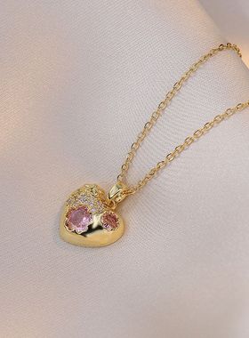 项链女网红时尚爱心粉色锆石小众简约新款设计感吊坠气质钛钢项链