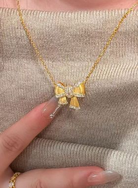 辉之翼珠宝S925纯银镀金满钻拉丝少女心蝴蝶结项链时尚轻奢锁骨链