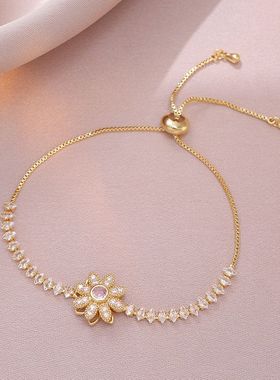 项链女 日韩风跨境花朵旋转锆石项链小众ins耳环套装钛钢锁骨链