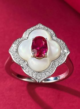 辉之翼珠宝925纯银白贝母镶嵌鸽血红4*6mm时装精致中古风气质典雅