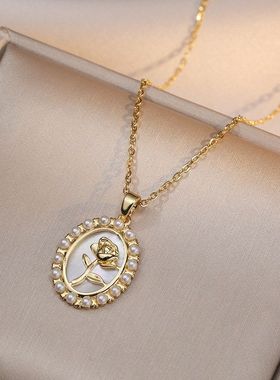 项链女白色贝壳复古玫瑰花金币坠