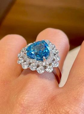 辉之翼珠宝新款S925纯银围镶满钻9*11海蓝宝肥心冰花戒指女富婆款
