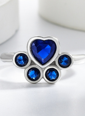 日韩热卖猫爪设计ins可爱蓝尖晶镶钻戒指女爱心猫咪脚掌个性指环