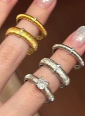 辉之翼珠宝复古对戒拉丝戒指手工微镶S925银镀金情侣款叠戴宽窄款