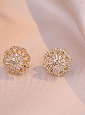 项链女 日韩风跨境同款花朵微镶锆石旋转三件套套装时尚钛钢项链