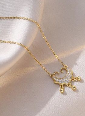 钛钢项链女日韩风复古风长命锁祥云如意平安锁镶钻项链简约锁骨链