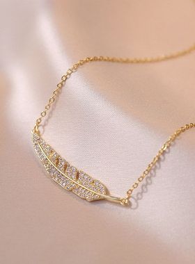 项链女抖音网红小众设计树叶镶钻简约一叶暴富饰品代发钛钢锁骨链